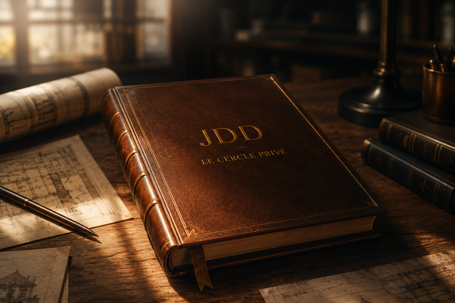 JDD — Le Cercle Privé, livre fermé sur la table d'architecte